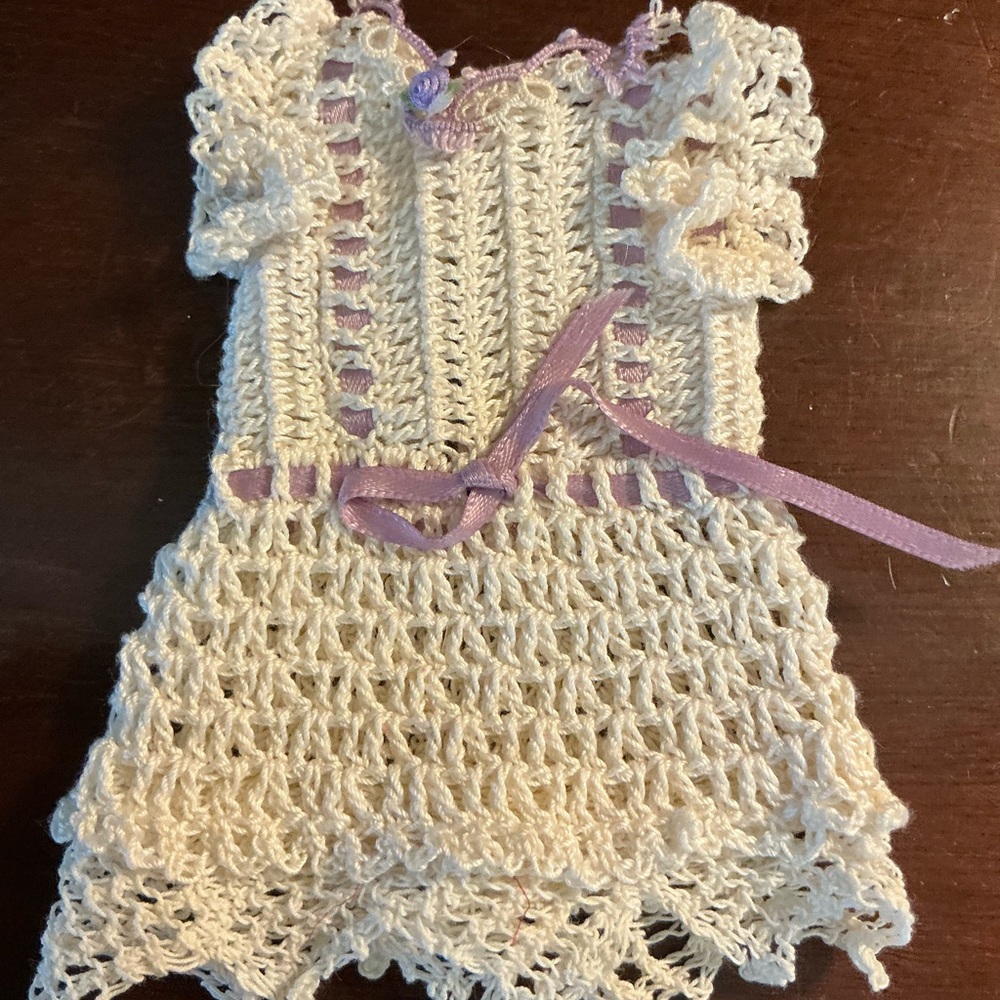 Handmade  small Crochet Doll Dress with Purple Accents